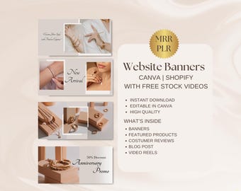Banners para sitios web, plantillas web de Shopify Canva, banners para sitios web de boutiques, banners para sitios web de Shopify, plantillas de diseño de sitios web de joyería DIY, MRR PLR