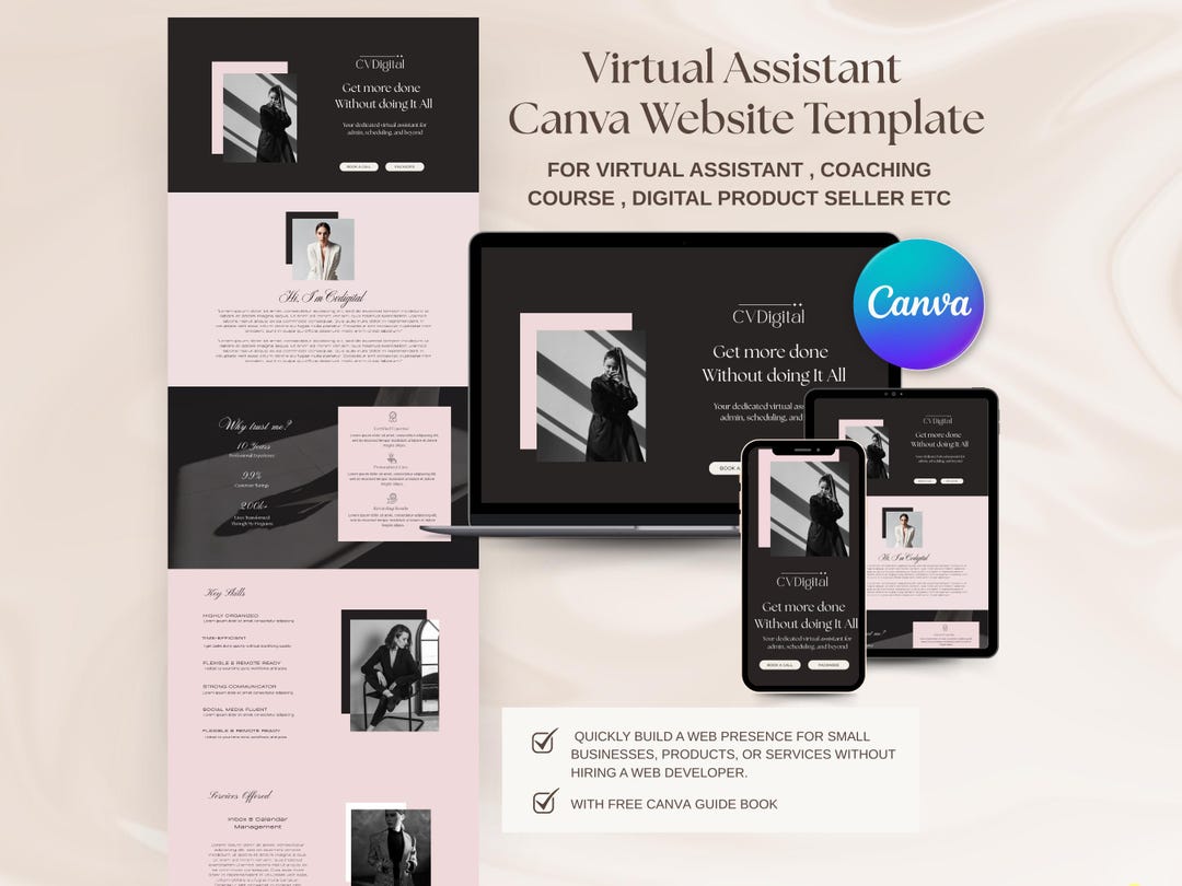Virtual Assistant Canva Website Template Editable Aesthetic Pink Canva ...