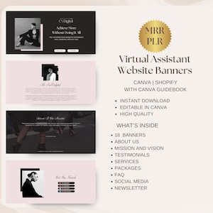 May include: A digital product image featuring website banners for virtual assistants. The banners are in black and white with pink accents. Text includes "CV Digital", "Achieve More Without Doing It All", and "Virtual Assistant Website Banners". The image also lists what's included.