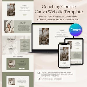 May include: A digital marketing Canva website template for coaching courses, virtual assistants, and digital product sellers. The design is displayed on a laptop, tablet, and smartphone. The template includes the Canva logo and the text "Unlock Your Potential, Master Your Future."