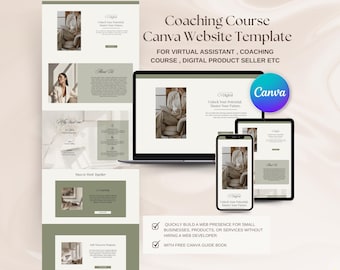 May include: A digital marketing Canva website template for coaching courses, virtual assistants, and digital product sellers. The design is displayed on a laptop, tablet, and smartphone. The template includes the Canva logo and the text "Unlock Your Potential, Master Your Future."