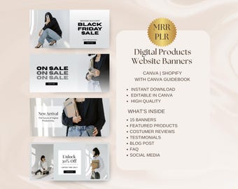 Banners para sites Shopify, modelos Canva, banners para web, produtos digitais, banners para sites Shopify, temas, banners estéticos editáveis, MRR PLR