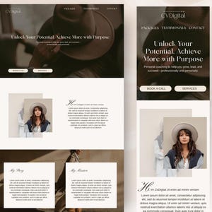 May include: Website screenshot for a business called CV Digital. The website features a woman wearing a hat and a white shirt. The text on the website reads "Unlock Your Potential. Achieve More with Purpose. Personal coaching to help you grow, lead, and succeed - professionally and personally."