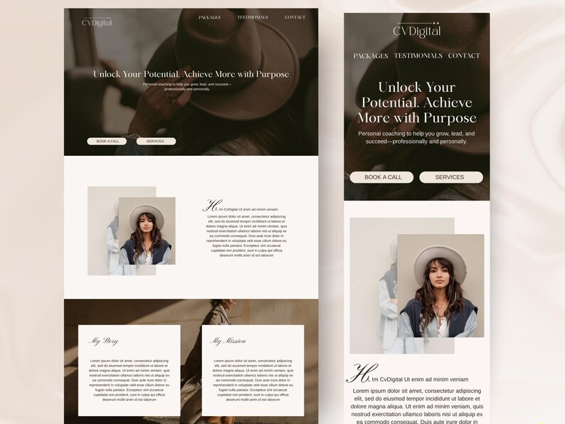 May include: Website screenshot for a business called CV Digital. The website features a woman wearing a hat and a white shirt. The text on the website reads "Unlock Your Potential. Achieve More with Purpose. Personal coaching to help you grow, lead, and succeed - professionally and personally."