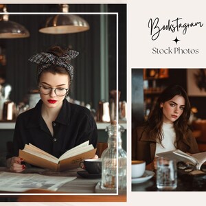 May include: Two images of women reading books in a cafe setting. One woman wears a black shirt, glasses, and a patterned headscarf, reading a book. The other woman wears a brown coat and reads a book. The text "Booksstagram Stock Photos" is also visible.