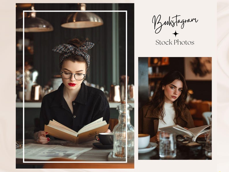 May include: Two images of women reading books in a cafe setting. One woman wears a black shirt, glasses, and a patterned headscarf, reading a book. The other woman wears a brown coat and reads a book. The text "Booksstagram Stock Photos" is also visible.