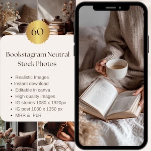 Pode incluir: Uma imagem composta com um smartphone mostrando uma pessoa segurando uma xícara de café e lendo um livro. A imagem inclui o texto "Bookstagram Neutral Stock Photos" e detalhes sobre o produto.