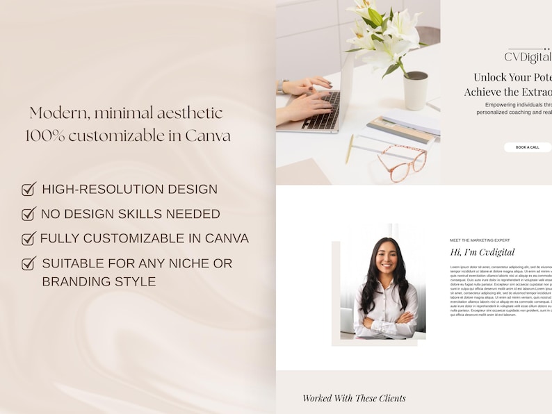 May include: A website design featuring a modern, minimal aesthetic, 100% customizable in Canva. The design includes the text "CV Digital" and "Unlock Your Potential, Achieve the Extraordinary." Additional text highlights high-resolution design, no design skills needed, and full customization.