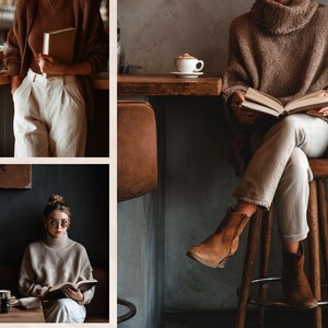 May include: A collage of images featuring individuals in cozy, neutral-toned outfits. One person holds a book and stands near a bar, another sits at a table reading, and a third is seated on a tall stool, also reading. The setting appears to be a cafe or similar establishment.