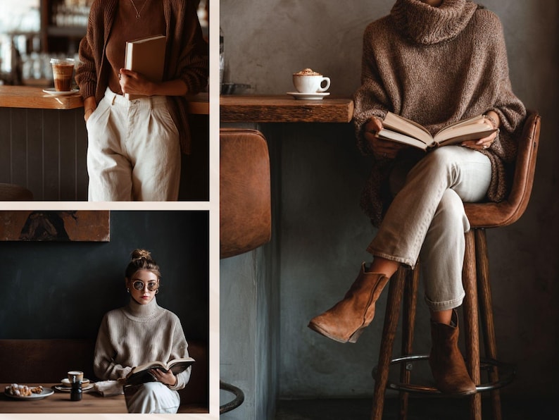 May include: A collage of images featuring individuals in cozy, neutral-toned outfits. One person holds a book and stands near a bar, another sits at a table reading, and a third is seated on a tall stool, also reading. The setting appears to be a cafe or similar establishment.