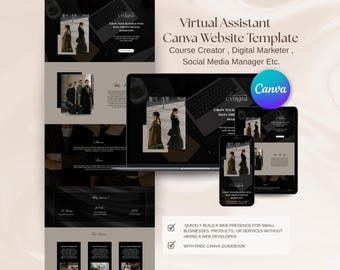 Plantilla de sitio web de Canva negra, página de destino de Canva, portafolio, sitio web de Canva, plantilla de página de ventas editable, plantillas de sitios web de portafolio VA, Canva