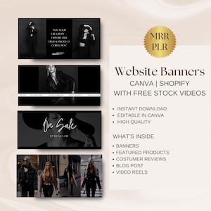 May include: A set of website banners for Canva and Shopify, featuring black and white images of people and text that says "Tell your creativity explore your dream product collection" and "On Sale Up to 70% Off".