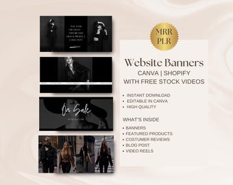 Modelli di banner per siti web Modello di banner Shopify Modello di sito web Canva Banner web fai da te Banner web in bianco e nero modificabile in Canva MRR PLR