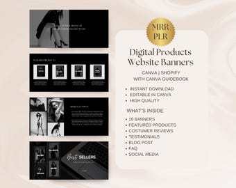 Banner de site Shopify para produtos digitais Banners da Web editáveis Modelos Canva Banners de site Modelo de banner preto editável Banner Canva