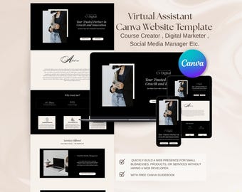 Modello di sito web Canva, modello di landing page Canva con estetica nera, modello di pagina di vendita per assistente virtuale, modello di portfolio Canva, progettazione di siti web