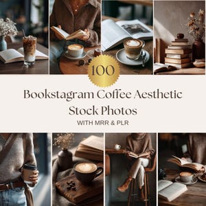 May include: A collage of aesthetic stock photos featuring coffee and books. The images showcase various coffee drinks, open books, and cozy settings. The text "Bookstagram Coffee Aesthetic Stock Photos" is displayed.