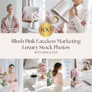May include: A collage of images featuring women in blush pink outfits. The images include a woman in a pink blazer, a cup of coffee, and a vase of flowers. Text on the image reads "Blush Pink Faceless Marketing Luxury Stock Photos".