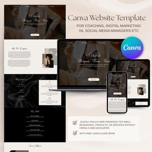 Pode incluir: Um modelo de site Canva projetado para treinadores, profissionais de marketing digital, assistentes virtuais e gerentes de mídia social. O modelo apresenta um esquema de cores preto e branco com um design elegante e moderno. O texto no modelo diz "CX Digital Delegate Focus Grow" e "Canva".