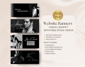 Banners de site editáveis Boutique Shopify Banner Preto DIY Web Banners Modelo de site Canva Boutique com MRR PLR editável no Canva