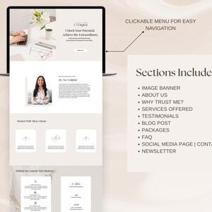 May include: A laptop screen displays a website design with the text "CV Digital: Unlock Your Potential, Achieve the Extraordinary." The website includes sections like "About Us," "Services Offered," and a "Newsletter." A woman's photo is featured.