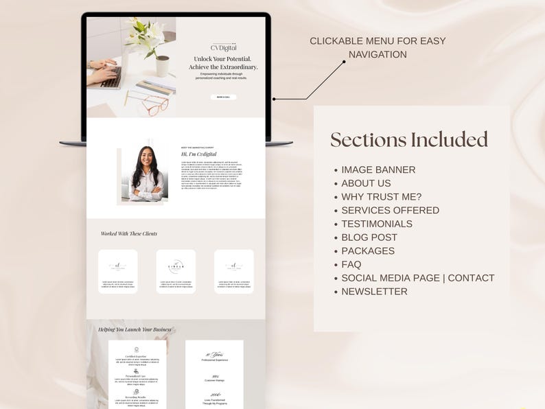 May include: A laptop screen displays a website design with the text "CV Digital: Unlock Your Potential, Achieve the Extraordinary." The website includes sections like "About Us," "Services Offered," and a "Newsletter." A woman's photo is featured.
