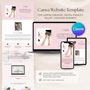 May include: A Canva website template displayed on a laptop, tablet, and smartphone. The design is in shades of pink and white, with the text "Canva Website Template" and "CV Digital". The template is for course creation, digital product sellers, and coaching businesses.