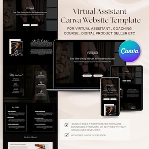 May include: A digital mockup of a website template for virtual assistants, coaches, and digital product sellers. The design is displayed on a laptop, tablet, and smartphone. The template is black and white with the text "CV Digital" and "Canva".