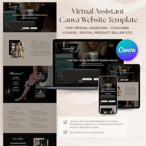 May include: A website template for virtual assistants, coaches, and digital product sellers. The design is displayed on a laptop, tablet, and phone. The Canva logo is visible. Text includes "Your Time-Saving Sidekick for Business Success."