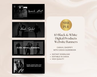 Modelo de banner para site Shopify Banners Canva Banner para site de produto digital Banner preto editável Banner para site DIY Loja MRR PLR