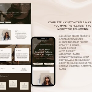 May include: A website mockup for a business called CV Digital. The website is designed to help people unlock their potential and achieve more with purpose. The website is customizable in Canva and includes sections for introducing new pages, changing the color scheme, updating images, revising text, altering the font, adjusting the header, connecting social media, providing a link to a shop, directing to a checkout page, and combining and matching elements and pages.
