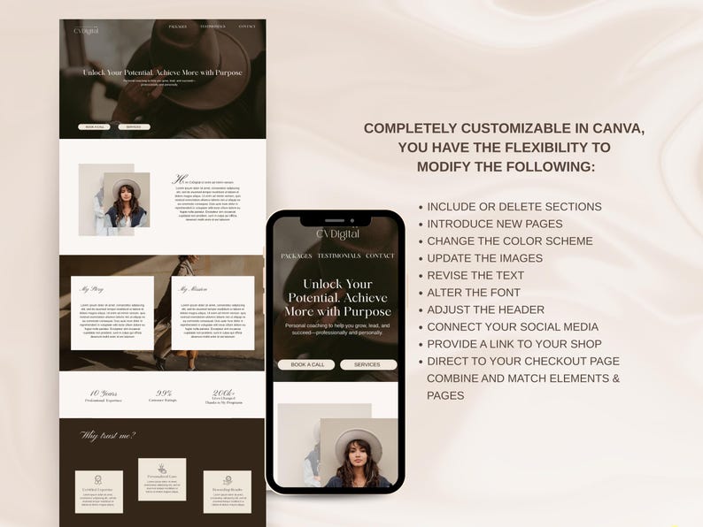 May include: A website mockup for a business called CV Digital. The website is designed to help people unlock their potential and achieve more with purpose. The website is customizable in Canva and includes sections for introducing new pages, changing the color scheme, updating images, revising text, altering the font, adjusting the header, connecting social media, providing a link to a shop, directing to a checkout page, and combining and matching elements and pages.