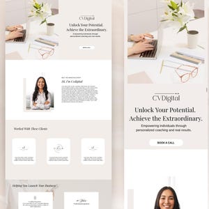 May include: A website design with the text "CV Digital" and the tagline "Unlock Your Potential, Achieve the Extraordinary." The design includes a photo of a woman, a laptop, and eyeglasses. The website promotes personalized coaching.