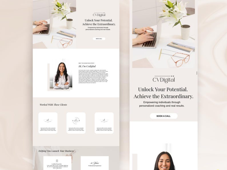 May include: A website design with the text "CV Digital" and the tagline "Unlock Your Potential, Achieve the Extraordinary." The design includes a photo of a woman, a laptop, and eyeglasses. The website promotes personalized coaching.