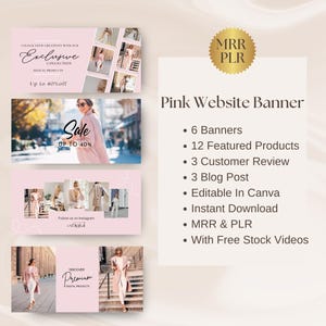 May include: Six pink website banners with images of women wearing stylish clothing. The banners include text such as "Exclusive Collection", "Sale Up to 40%", and "Discover Premium".