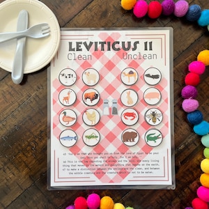 May include: A printable chart with a red and white checkered background. The chart is titled "Leviticus II" and lists "Clean" and "Unclean" animals with images of each. The chart includes the text: "For I am the Lord who brought you up from the land of Egypt to be your God; therefore you shall be holy, for I am holy." "This is the law regarding the animal and the bird, and every living thing that moves in the waters and everything that swarms on the earth, to make a distinction between the unclean and the clean, and between the edible creature and the creature which is not to be eaten."