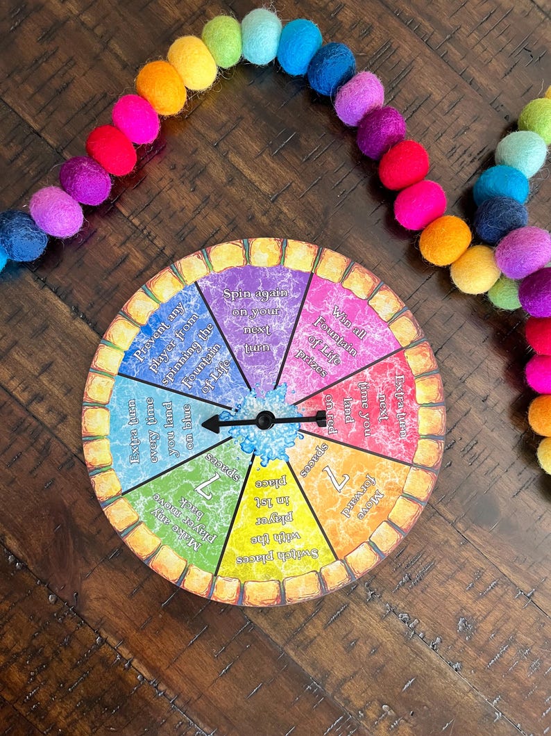 May include: A colorful game board with a spinning arrow. The board has different colored sections with text such as "Spin again on your next turn", "Win all Fountain of Life prizes", "Extra turn every time you land on blue", "Switch places with the player in 1st", "Move forward 7 spaces", "Make any player move back 7 spaces".