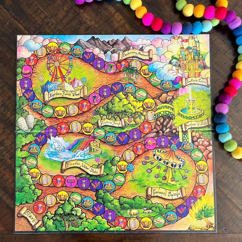 May include: A colorful board game with a winding path, featuring images of a Ferris wheel, a rainbow, and a swing set. The game board is divided into four sections, each with a different theme. The game board is made of cardboard and has a glossy finish.