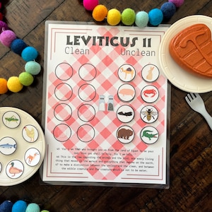 May include: A printable educational game for kids about clean and unclean animals according to Leviticus 11. The game features a red and white checkered background with images of animals and a list of verses from Leviticus 11.