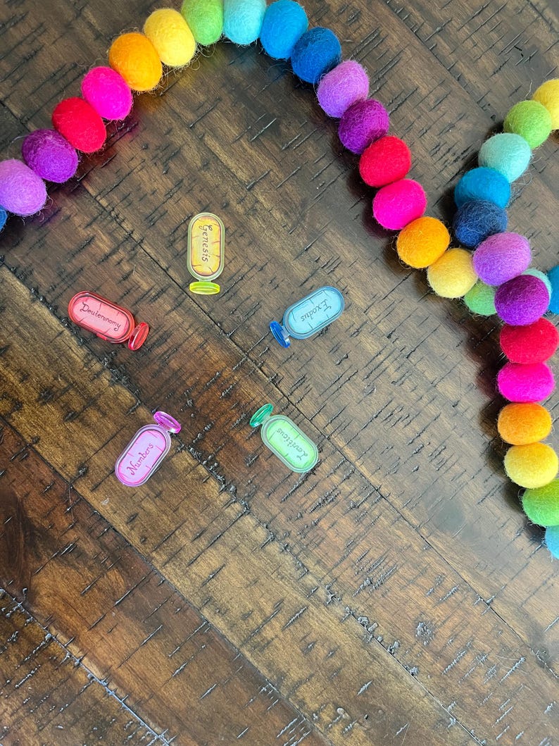May include: A rainbow colored felt ball garland with five clear plastic bottles with labels that say "Genesis", "Deuteronomy", "Exodus", "Numbers", and "Joshua".