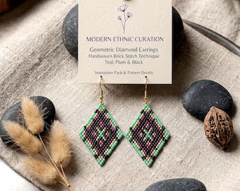 Wzór na kolczyki z tęczowymi koralikami, styl boho hippie brick stitch (do pobrania w wersji cyfrowej)