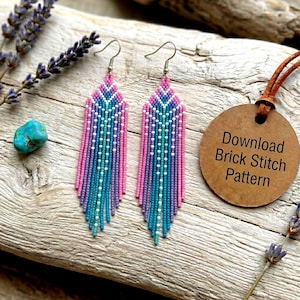 Molde para brincos de miçangas em degradê rosa e azul, estilo boho com franjas e ponto tijolo (Download digital)