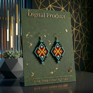 May include: A pair of diamond-shaped beaded earrings with a Native American-inspired design. The earrings feature a turquoise, black, orange, yellow, and white pattern. The earrings are displayed on a green card with the text "Digital Product" and "Brick Stitch Pattern PDF files".