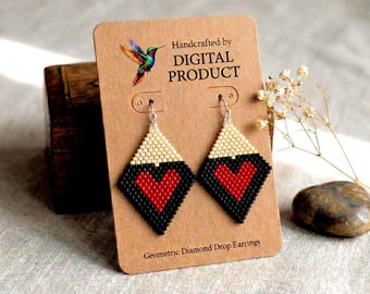 Red Heart Brick Stitch Earring Pattern, Boho Beaded Jewelry (Digital Download)
