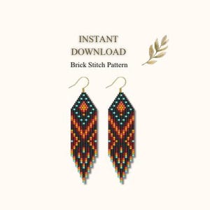 May include: A pair of beaded earrings with a geometric pattern in orange, black, and teal. The earrings are long and dangle, with gold-colored ear wires. The image includes the text "INSTANT DOWNLOAD" and "Brick Stitch Pattern".