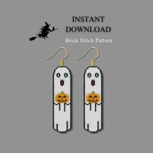 Halloween Brick Stitch Pattern, Pumpkin Ghost Seed Bead Earring Pattern, Spooky Fringe Brickstitch pattern, Do It Yourself, Digital Download