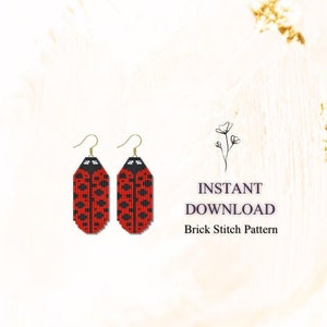 May include: A pair of red and black beaded earrings shaped like ladybugs. The earrings are made with brick stitch and are available for instant download.