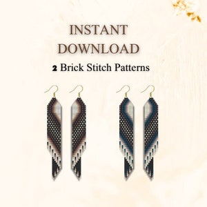 May include: Two pairs of long, beaded earrings with geometric patterns in black, white, and brown. The earrings are made with brick stitch and have gold-colored ear wires. The text "INSTANT DOWNLOAD 2 Brick Stitch Patterns" is displayed above the earrings.