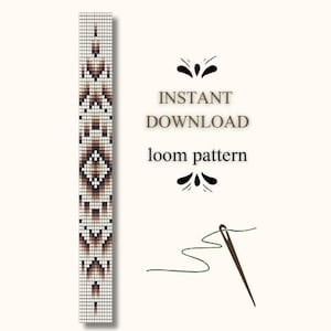 May include: A loom pattern for a beaded bracelet with a geometric design in brown, white, and black. The pattern is for instant download. The image also includes a needle and thread.