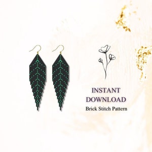 May include: A pair of long, black beaded earrings with a green leaf design. The earrings are made with brick stitch and are available as an instant download pattern.