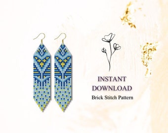 May include: A pair of long, beaded earrings with a geometric pattern in shades of blue, white, and yellow. The earrings are made with brick stitch and have a gold-tone hook.